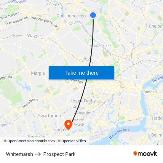 Whitemarsh to Prospect Park map