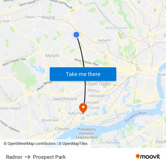 Radnor to Prospect Park map