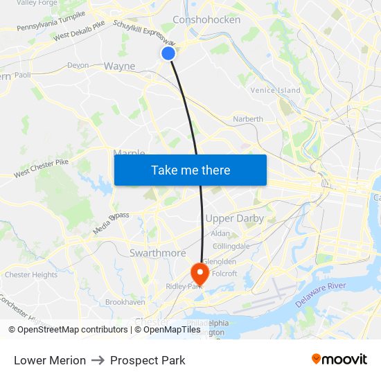 Lower Merion to Prospect Park map