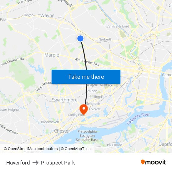 Haverford to Prospect Park map