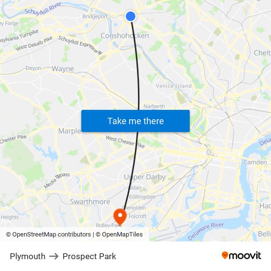 Plymouth to Prospect Park map