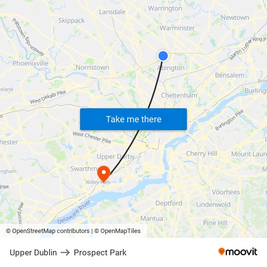 Upper Dublin to Prospect Park map