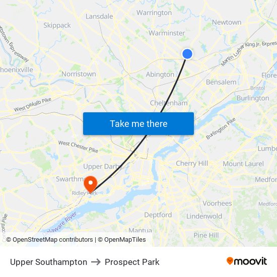 Upper Southampton to Prospect Park map