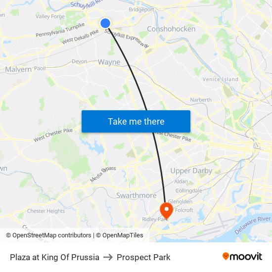 Plaza at King Of Prussia to Prospect Park map