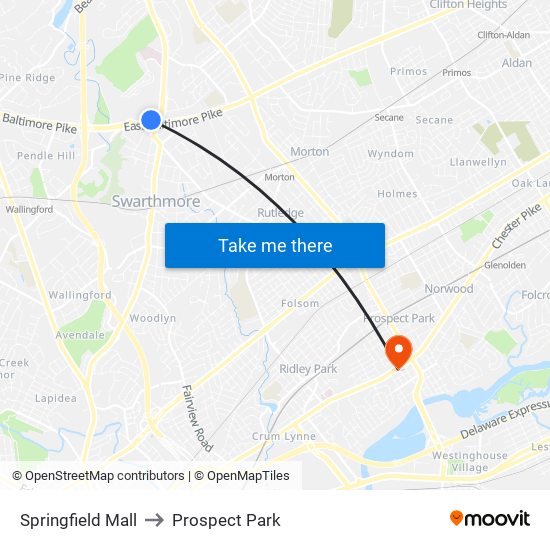 Springfield Mall to Prospect Park map