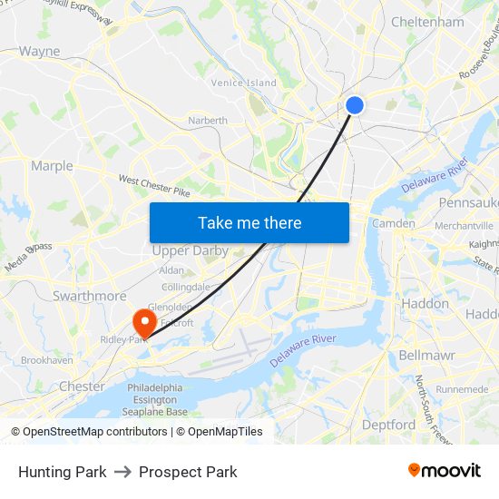 Hunting Park to Prospect Park map