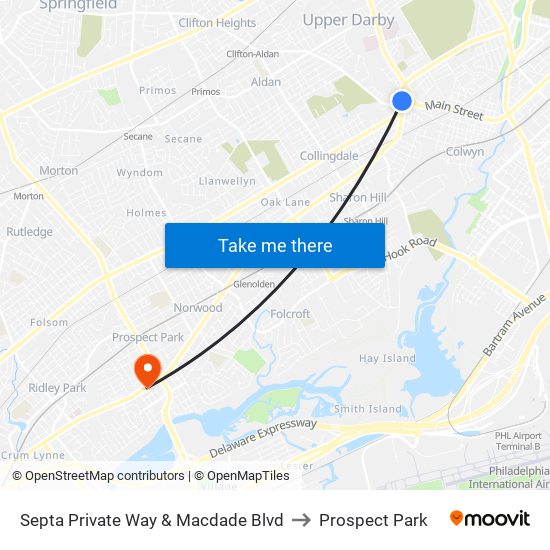 Septa Private Way & Macdade Blvd to Prospect Park map