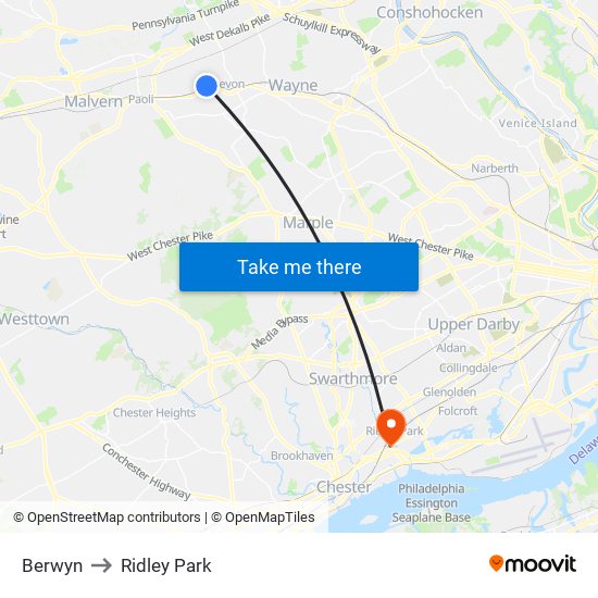 Berwyn to Ridley Park map