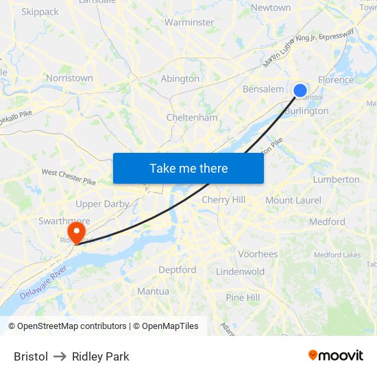 Bristol to Ridley Park map