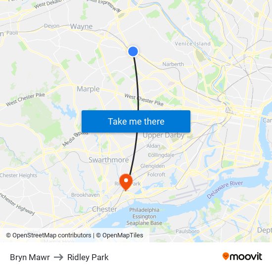 Bryn Mawr to Ridley Park map