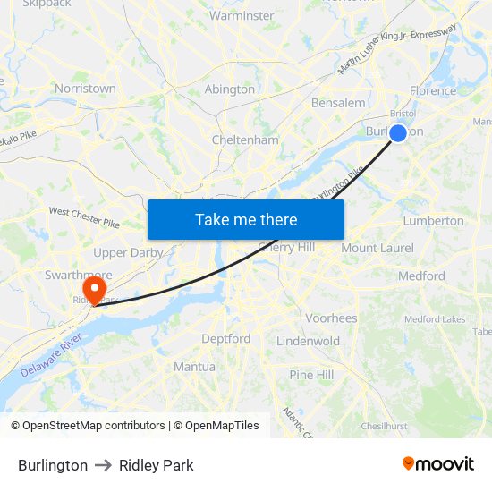 Burlington to Ridley Park map