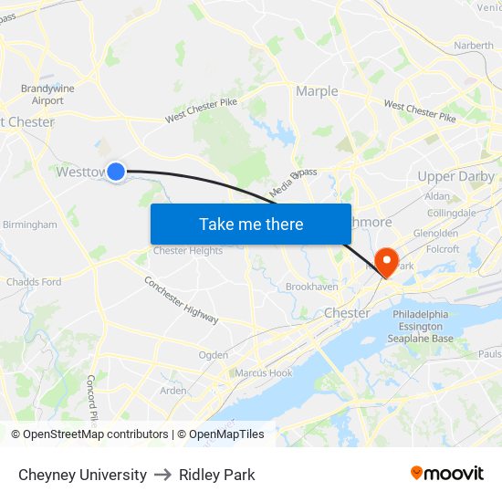 Cheyney University to Ridley Park map