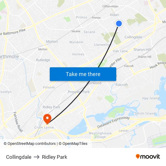 Collingdale to Ridley Park map