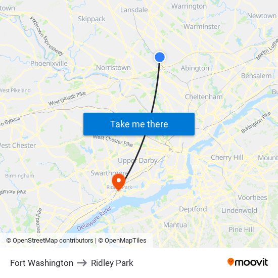 Fort Washington to Ridley Park map