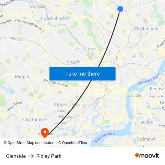 Glenside to Ridley Park map