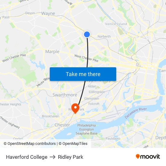 Haverford College to Ridley Park map