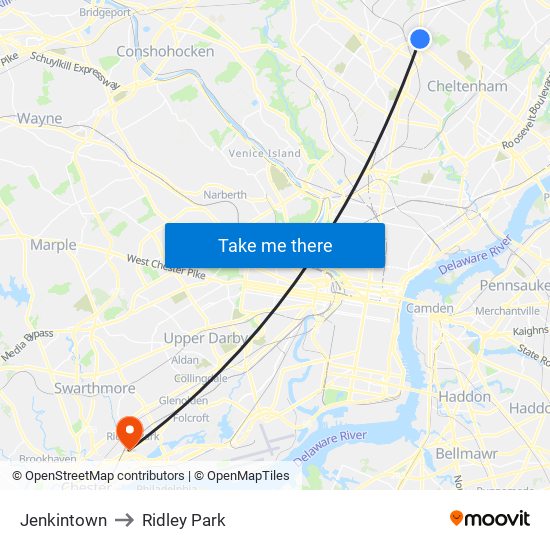 Jenkintown to Ridley Park map