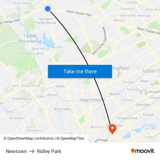 Newtown to Ridley Park map