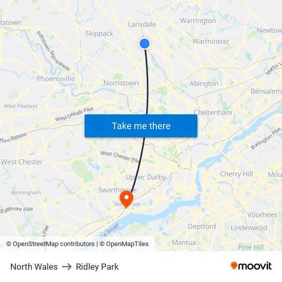 North Wales to Ridley Park map