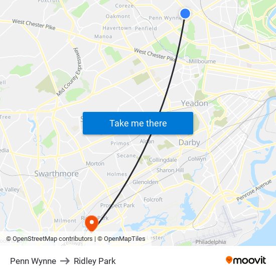 Penn Wynne to Ridley Park map