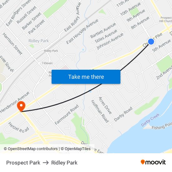 Prospect Park to Ridley Park map