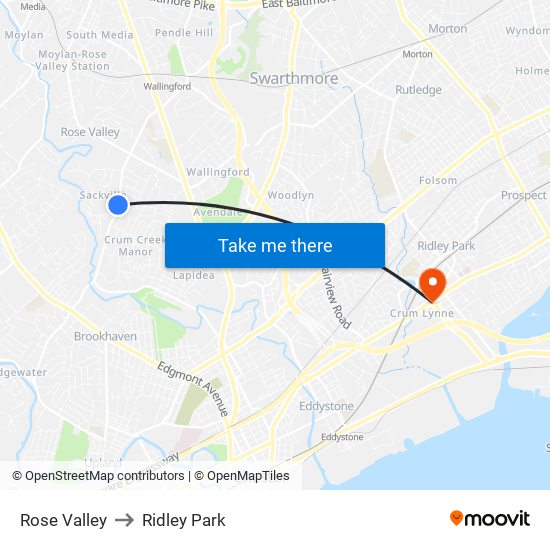 Rose Valley to Ridley Park map