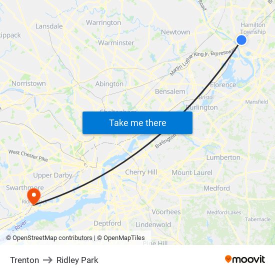 Trenton to Ridley Park map