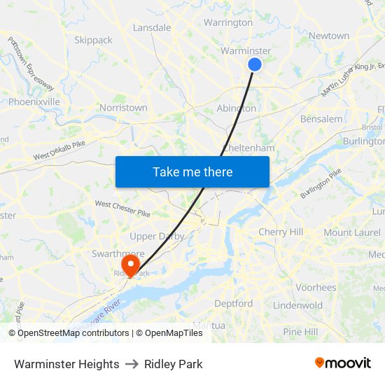 Warminster Heights to Ridley Park map