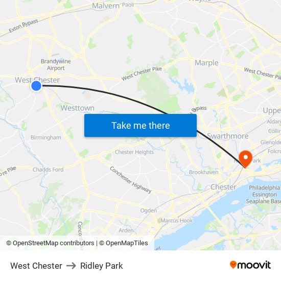 West Chester to Ridley Park map