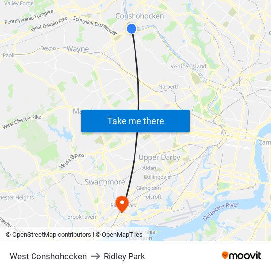 West Conshohocken to Ridley Park map