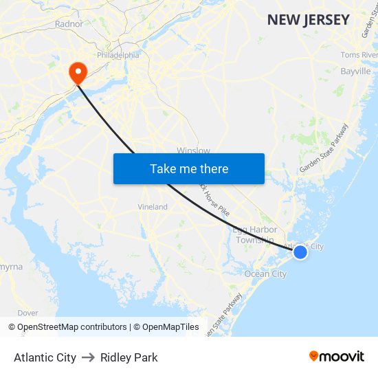 Atlantic City to Ridley Park map