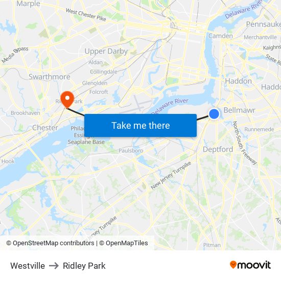 Westville to Ridley Park map