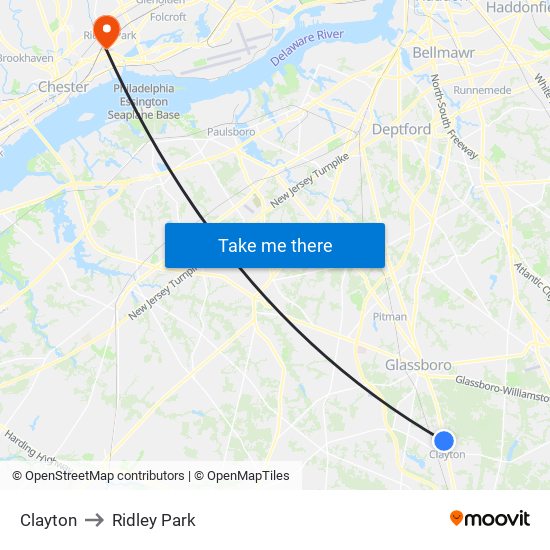 Clayton to Ridley Park map