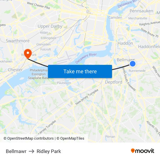 Bellmawr to Ridley Park map