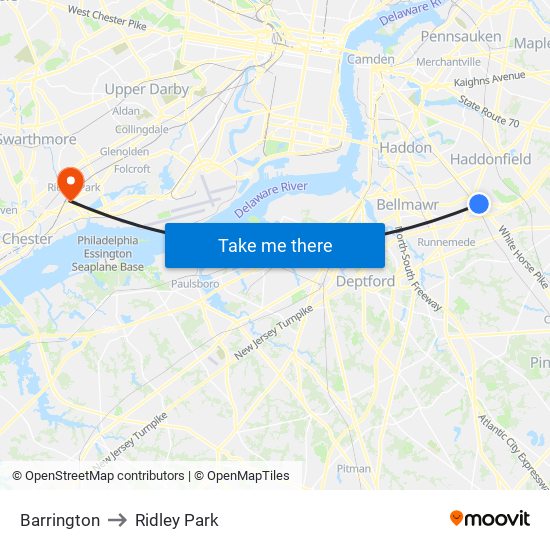 Barrington to Ridley Park map