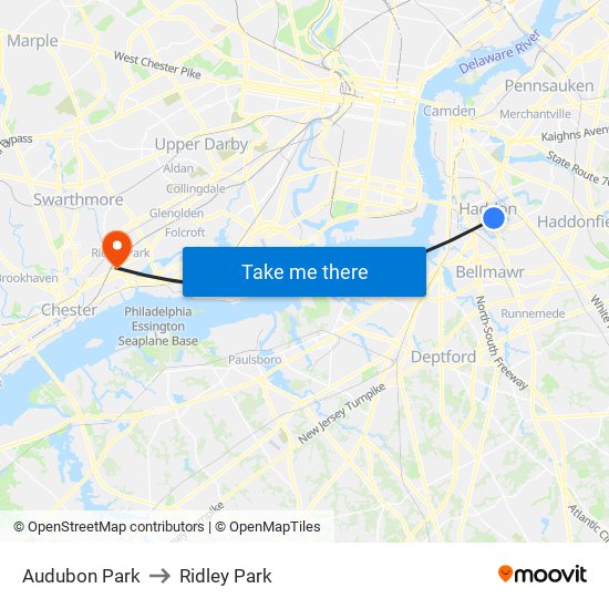 Audubon Park to Ridley Park map