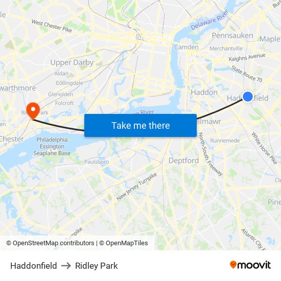 Haddonfield to Ridley Park map
