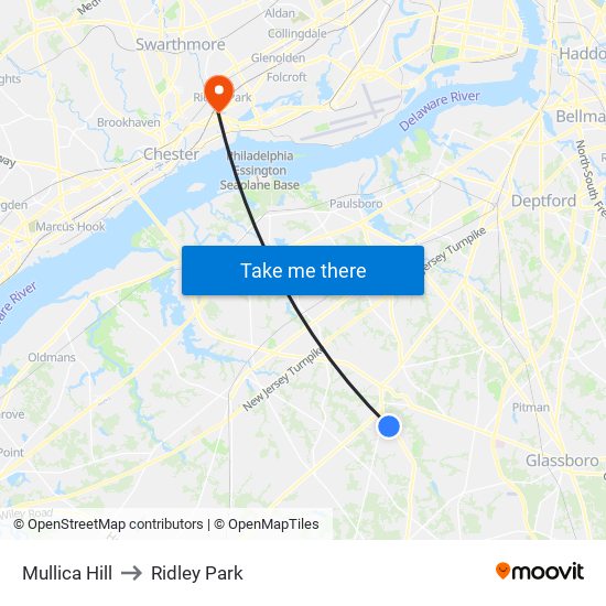 Mullica Hill to Ridley Park map