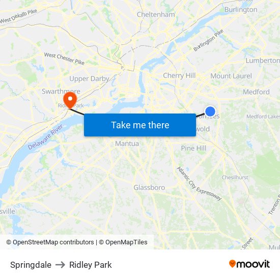 Springdale to Ridley Park map