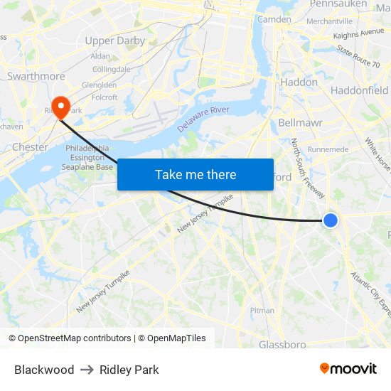 Blackwood to Ridley Park map