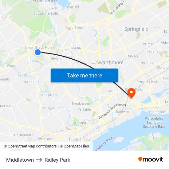 Middletown to Ridley Park map