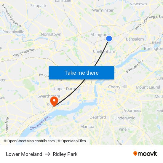 Lower Moreland to Ridley Park map