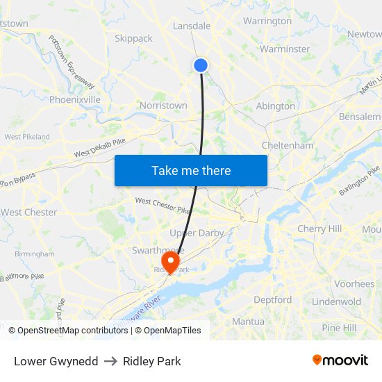 Lower Gwynedd to Ridley Park map