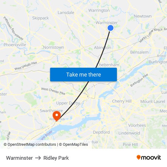 Warminster to Ridley Park map