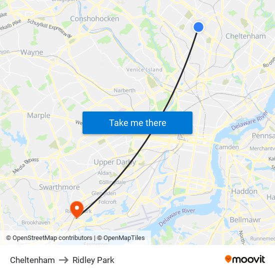 Cheltenham to Ridley Park map