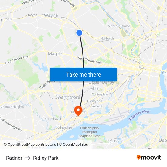 Radnor to Ridley Park map