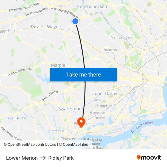 Lower Merion to Ridley Park map