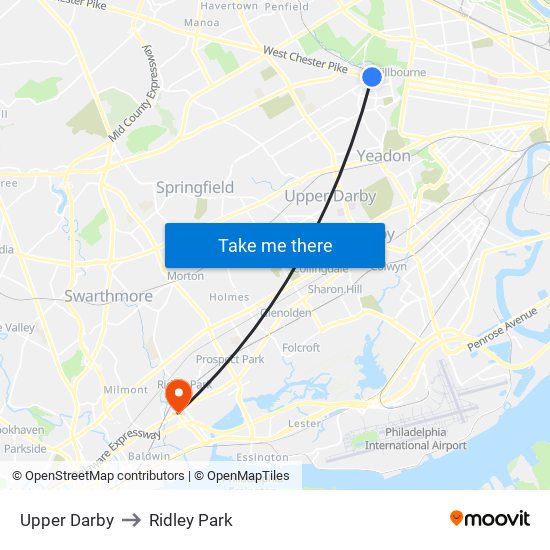 Upper Darby to Ridley Park map