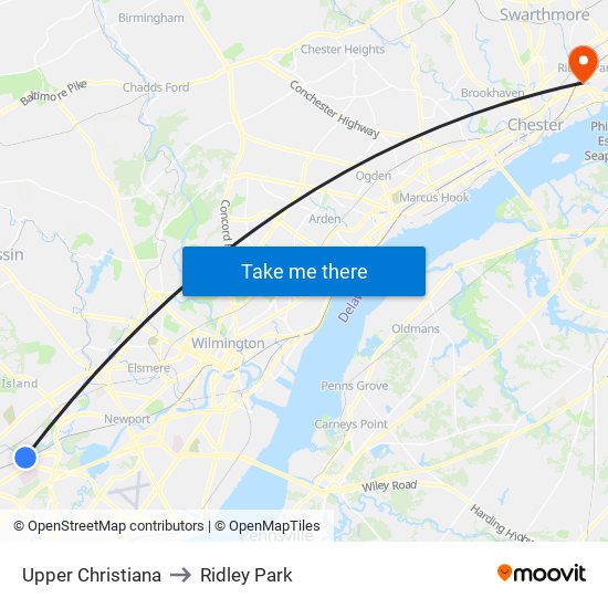 Upper Christiana to Ridley Park map