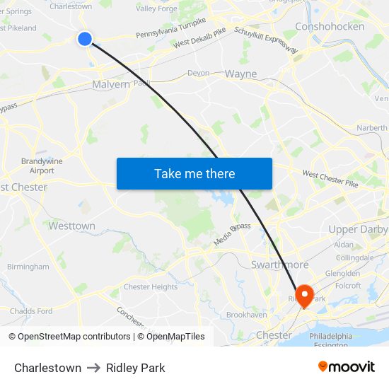 Charlestown to Ridley Park map
